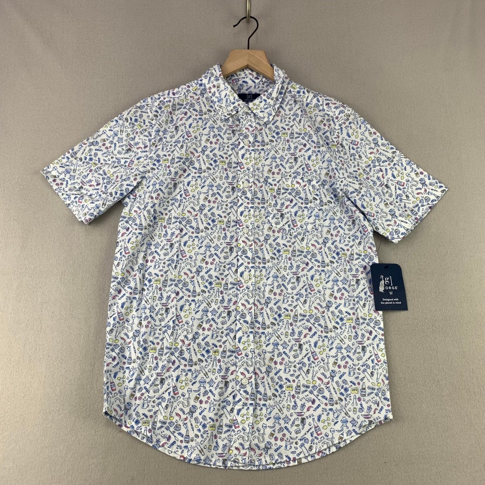 George Button Up Shirt Mens Small White Classic Fit BBQ Short Sleeve NWT Cookout